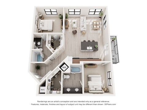 A 3D floor plan of a house with labeled rooms.